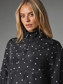 Polka Dot Half-Zip Pullover Top With Centre Pocket Oversized Long Sleeve Woven Anorak Style Sweatshirt Spring Casual - Black and White - View 5
