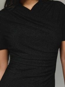KIZN Shimmer Bodycon Mini Dress With Cowl Draped Neckline Short Sleeves And Ruched Waist Party Night Out - Black - View 2