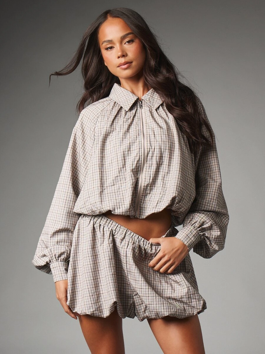 MISSGUIDED Plaid Co-Ord Set Cropped Zip-Up Jacket With Collared Neck Puff Sleeves And Bubble Hem Mini Shorts Two Pieces Autumn Winter Outfit - Multicolor - View 1