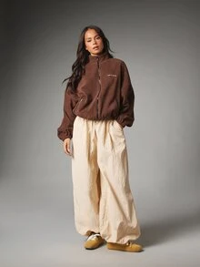 MISSGUIDED GRL Oversized Full-Zip Fleece Sweatshirt With Side Pockets Cropped Hem Cozy Winter Casual Jacket - Coffee Brown - View 4