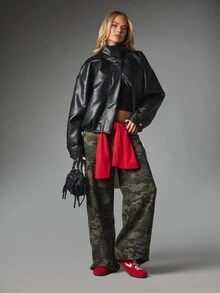 MISSGUIDED Oversized Cropped Faux Leather Jacket With Stand Collar And Full Zip Closure Fall Winter Street Style Outerwear - Black - View 3