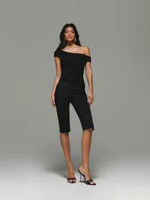 KIZN High Rise Cropped Dress Pants With Side Split Hem Tailored Straight Leg Capri Trousers For Spring Summer Evening Occasions - Black - View 3