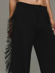 KIZN Wide Leg Fringe Trim High Rise Dress Pants Elegant Side Fringe Detail Full Length Tailored Trousers Party Evening Occasion - Black - View 4