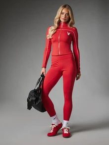 Missguided x Playboy High Rise Full Length Leggings With Side Pockets And Branded Waistband Skin Tight Stretch Fit - Red - View 3