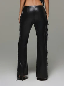 KIZN Faux Leather Flared Pants With Side Fringe Detail High Waist Bell Bottom Trousers Festival Concert Party Night Out - Black - View 6