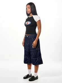 SUMWON WOMEN Summon Raglan Crop Tee With Target Bullseye Graphic Print Colorblock Short Sleeve Round Neck Slim Fit Tee - Black - View 7