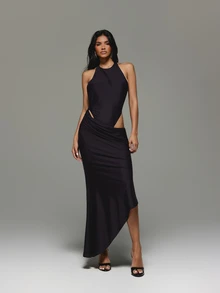 KIZN Halter Neck Cut-Out Dress With Ruched Detail And Asymmetric Hem Party Evening Occasion Holiday Season Style - Brown - View 3
