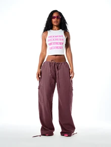 SUMWON WOMEN Wide Leg Cargo Pants With Elastic Drawstring Waist, Side Cargo Pockets And Adjustable Tie Hem, Relaxed Fit Fall Winter - Red Violet - View 3