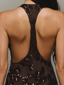 KIZN Sequin Bodycon Mini Dress Scoop Neck Racerback Open Back Floral Sequin Embellished Party NYE Holiday Night Out Dress - Brown - View 2