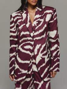 KIZN Oversized Satin Blazer With Abstract Animal Print Lapel Collar Single Button Closure Hip Length Tailored Jacket Fall Winter Party Evening - Red - View 4
