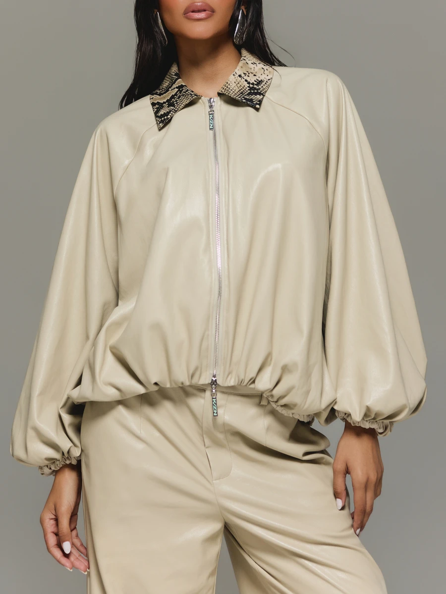 KIZN Faux Leather Oversized Bomber Jacket With Snake Print Lapel Collar Full Zip Closure Balloon Sleeves Elasticated Hem Fall Winter Outerwear - Khaki - View 1