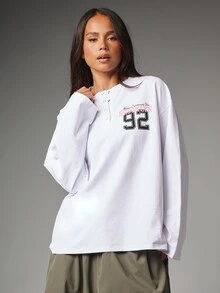 MISSGUIDED Oversized Long Sleeve Henley T-Shirt With Brooklyn 92 Varsity Chest Print And Snap Button Placket Detail - White - View 1