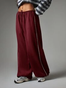 MISSGUIDED Wide Leg Drawstring Trousers With Side Piping Detail Low Rise Elasticated Waist Flowy Pull On Palazzo Pants Fall Winter - Burgundy - View 2