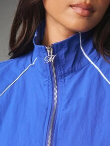 MISSGUIDED Oversized Windbreaker Jacket With Stand Collar Full Zip Closure White Contrast Piping Elastic Cuffs And Drawstring Hem Spring Outerwear - Blue - View 2