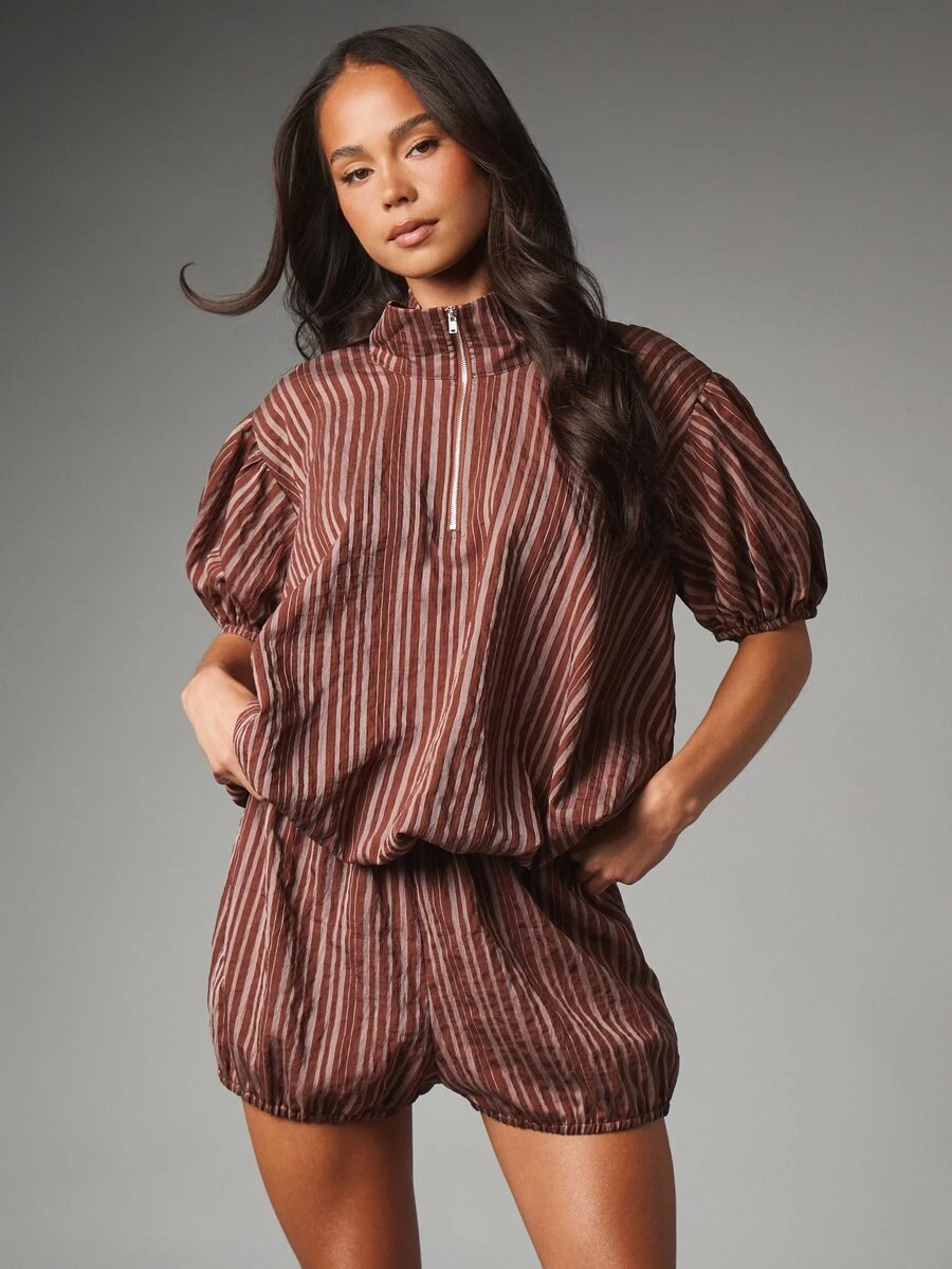 MISSGUIDED Oversized Half-Zip Striped Puff Sleeve Top With Stand Collar And Elasticated Cuffs Summer Festival Style - Multicolor - View 1