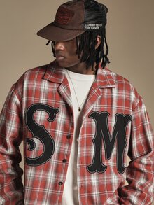 SUMWON Oversized Plaid Flannel Shirt With Large Applique Letters Spread Collar Long Sleeve Button Front Autumn Winter Outerwear - Red - View 5