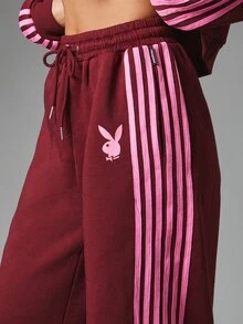 Missguided x Playboy Bunny Logo Wide Leg Jogger Pants With Pink Vertical Side Stripes Drawstring Waist Casual Full Length Tracksuit Bottoms - Burgundy - View 4