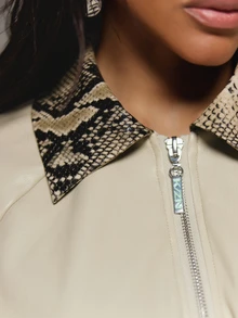 KIZN Faux Leather Oversized Bomber Jacket With Snake Print Lapel Collar Full Zip Closure Balloon Sleeves Elasticated Hem Fall Winter Outerwear - Khaki - View 2