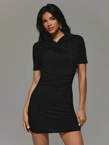 KIZN Shimmer Bodycon Mini Dress With Cowl Draped Neckline Short Sleeves And Ruched Waist Party Night Out - Black - View 4