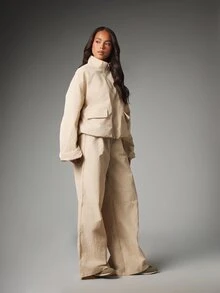 MISSGUIDED Oversized Utility Jacket With Stand Collar Zip Closure Flap Pockets And Crinkle Nylon Fabric For Spring Casual Everyday Wear - Apricot - View 2