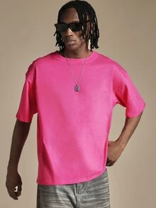 SUMWON Oversized Crew Neck Short Sleeve T-Shirt With Gothic Script Rhinestone Embroidered Back Logo Detail - Hot Pink - View 3