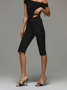KIZN High Rise Cropped Dress Pants With Side Split Hem Tailored Straight Leg Capri Trousers For Spring Summer Evening Occasions - Black - View 1