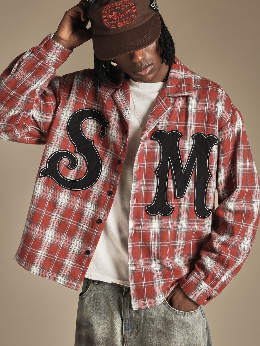 SUMWON Oversized Plaid Flannel Shirt With Large Applique Letters Spread Collar Long Sleeve Button Front Autumn Winter Outerwear - Red - View 1