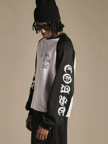 SUMWON 1996 East Coast Raglan Long Sleeve Tee With Old English Gothic Text Chest And Sleeve Print Oversized Fit - Black and White - View 2