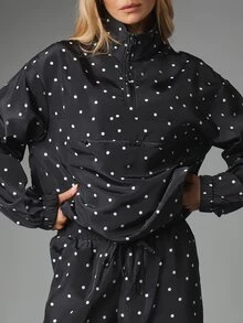 Polka Dot Half-Zip Pullover Top With Centre Pocket Oversized Long Sleeve Woven Anorak Style Sweatshirt Spring Casual - Black and White - View 4