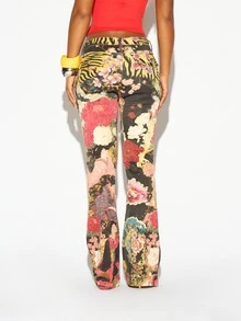 SUMWON WOMEN Japanese Floral Print Low Rise Flared Jeans With Cherry Blossom Fan And Geisha AOP Dark Wash Denim Bell Bottom Festival Pants - Multicolor - View 6