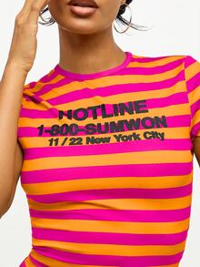 SUMWON Striped Crop Slim Fit Tee With Graphic Text Print Round Neck Short Sleeve Fitted Top Summer Festival Season - Multicolor - View 4