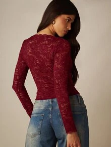 MISSGUIDED Long Sleeve Lace Crop Top With Deep V Neck And Scallop Trim Sheer Floral Lace Design For Date Night And Holiday Occasions - Burgundy - View 2