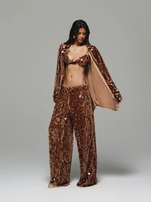KIZN Large Disc Paillette Sequin Bralette Crop Top With V-Neck Thin Spaghetti Straps Sheer Mesh Base Party Night Out Festival - Coffee Brown - View 3
