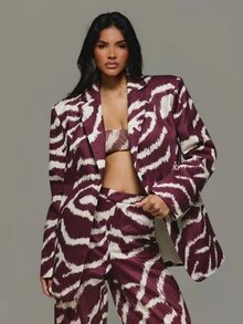 KIZN Oversized Satin Blazer With Abstract Animal Print Lapel Collar Single Button Closure Hip Length Tailored Jacket Fall Winter Party Evening - Red - View 1