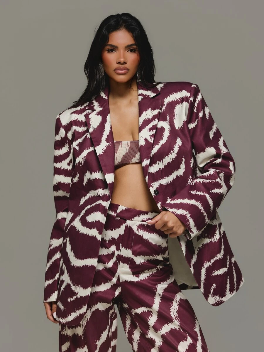 KIZN Oversized Satin Blazer With Abstract Animal Print Lapel Collar Single Button Closure Hip Length Tailored Jacket Fall Winter Party Evening - Red - View 1