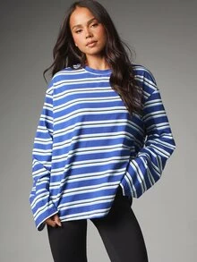 MISSGUIDED Oversized Striped Long Sleeve Crew Neck Top With Back Logo Print Six Athleisure Longline Relaxed Fit Casual Tee - Blue and White - View 2