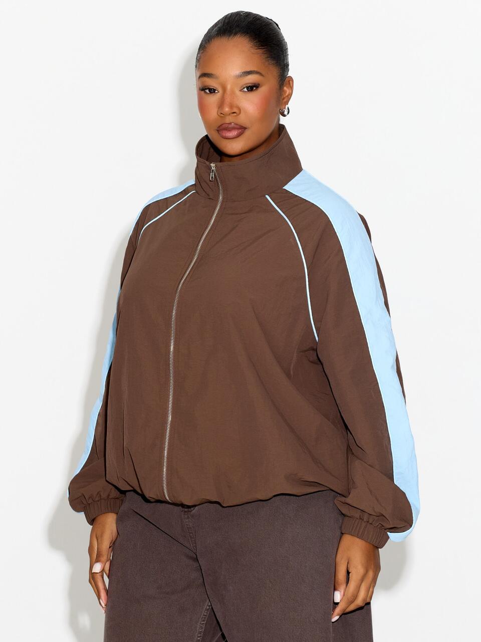 Plus Size Nylon Zip Track Jacket Fall New Season Trending Autumn Winter Pocket Detail Anorak Jacket Spring Hike Active Sport Casual Back To School Fitness Everyday Technical Fabric Chocolate Contrast Stripe Trending Funnel Neck Windbreaker