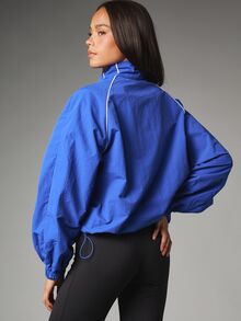 MISSGUIDED Oversized Windbreaker Jacket With Stand Collar Full Zip Closure White Contrast Piping Elastic Cuffs And Drawstring Hem Spring Outerwear - Blue - View 3
