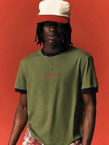 SUMWON Mens Ringer T-Shirt With Script Embroidery On Chest Crew Neck Short Sleeve Casual Summer Tee Retro Vintage Style - Army Green - View 6