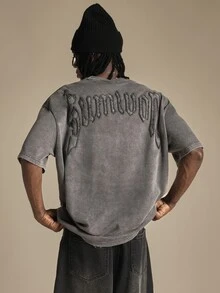 SUMWON Oversized Washed Crew Neck Short Sleeve T-Shirt With Gothic Embroidered Logo Back Print Streetwear Drop Shoulder Tee - Black - View 1