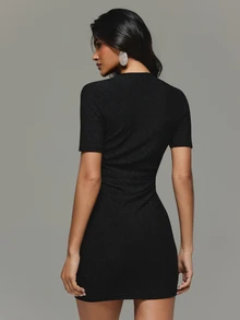 KIZN Shimmer Bodycon Mini Dress With Cowl Draped Neckline Short Sleeves And Ruched Waist Party Night Out - Black - View 6