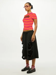 SUMWON Striped Crop Slim Fit Tee With Graphic Text Print Round Neck Short Sleeve Fitted Top Summer Festival Season - Multicolor - View 8