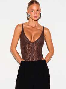 KIZN Sheer Lace Corset Bodysuit With Deep V-Neck, Adjustable Straps And Boning Detail For Night Out And Holiday Parties - Chocolate Brown - View 1