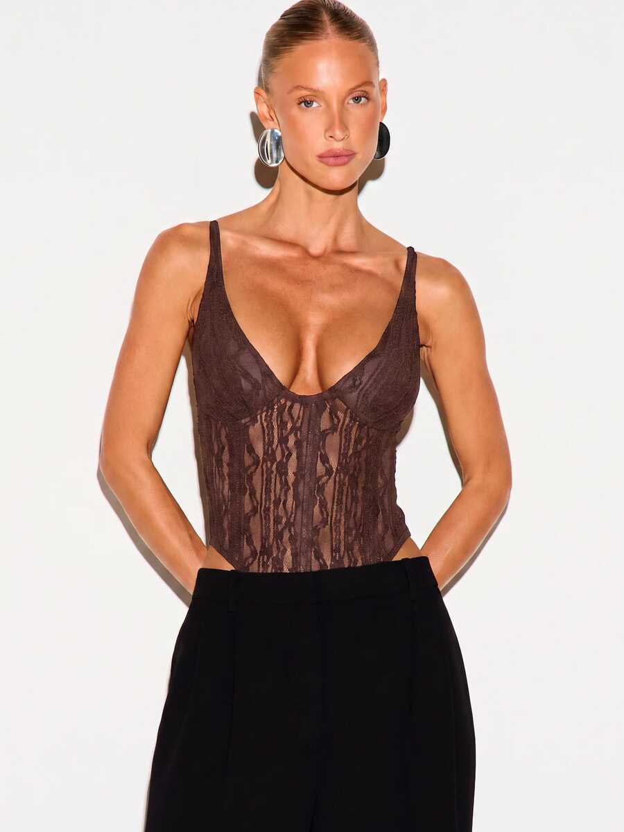 KIZN Sheer Lace Corset Bodysuit With Deep V-Neck, Adjustable Straps And Boning Detail For Night Out And Holiday Parties - Chocolate Brown - View 1