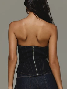 KIZN Strapless Dark Wash Denim Corset Top With Boning Panel Detail Structured Fitted Crop Bustier Summer Festival Night Out Style - Blue - View 5