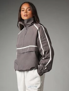 MISSGUIDED Oversized Half-Zip Nylon Windbreaker Jacket With White Contrast Stripe Detailing And Elasticated Cuffs For Spring Autumn Casual Everyday Wear - Grey - View 1
