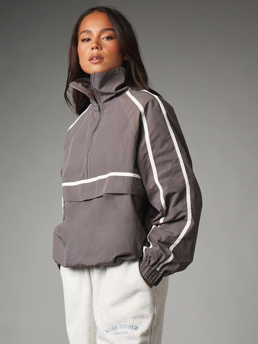 MISSGUIDED Oversized Half-Zip Nylon Windbreaker Jacket With White Contrast Stripe Detailing And Elasticated Cuffs For Spring Autumn Casual Everyday Wear - Grey - View 1