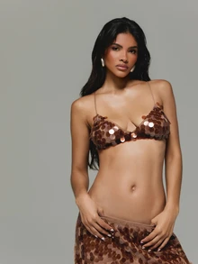 KIZN Large Disc Paillette Sequin Bralette Crop Top With V-Neck Thin Spaghetti Straps Sheer Mesh Base Party Night Out Festival - Coffee Brown - View 2
