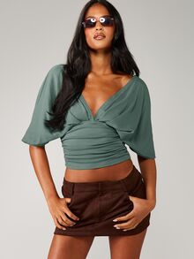 MISSGUIDED Deep V-Neck Wrap Crop Top With Ruched Waist And Open Back Batwing Half Sleeve Summer Night Out Top - Teal Blue - View 5