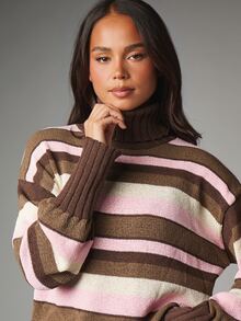 MISSGUIDED Striped Turtleneck Cropped Knit Sweater With Long Sleeve Oversized Fit Ribbed Cuff And Hem Autumn Winter Cozy Pullover - Multicolor - View 2